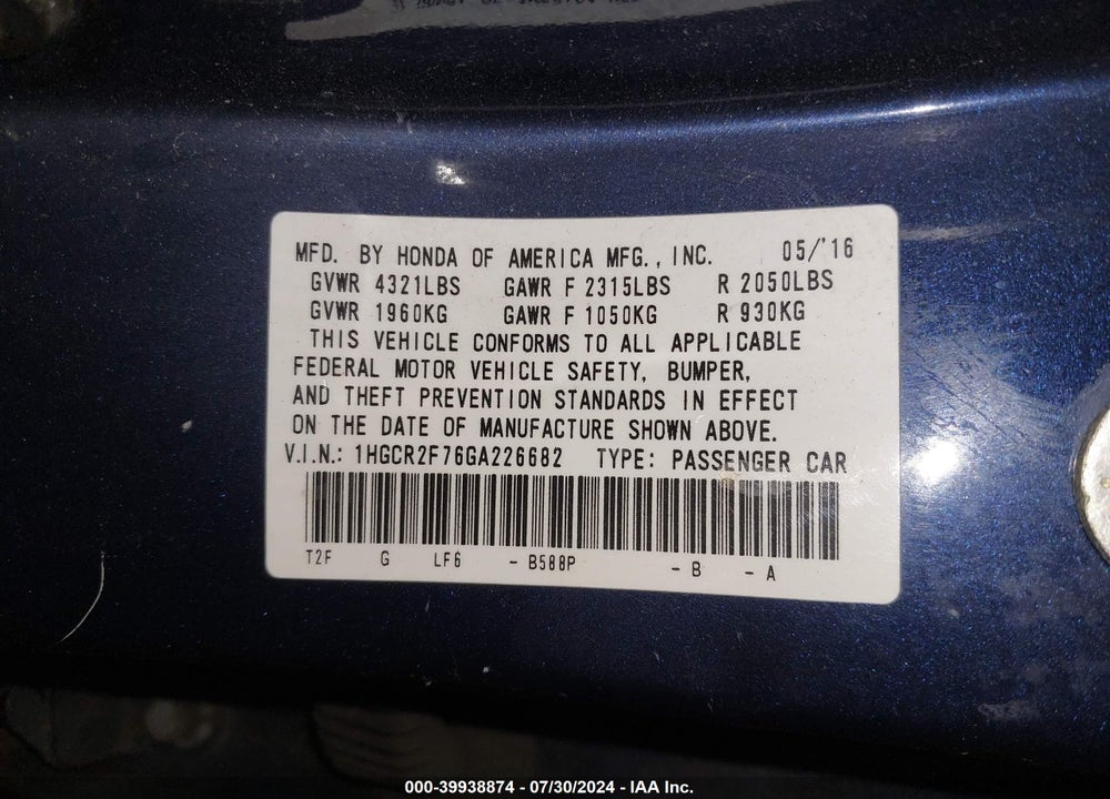 2016 HONDA ACCORD EX VIN: 1HGCR2F76GA226682