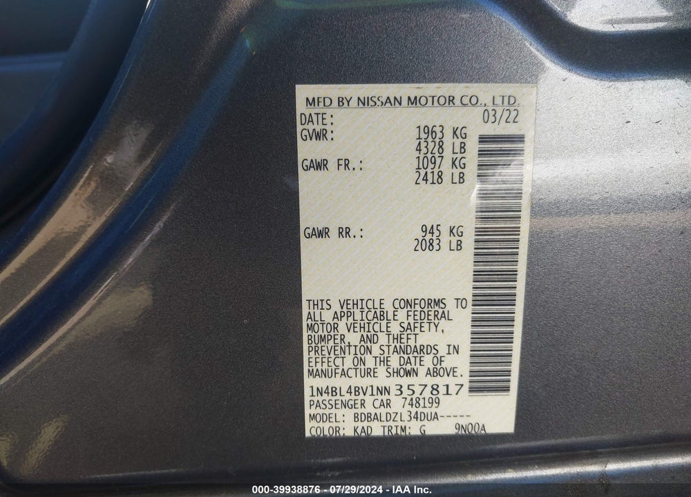 2022 NISSAN ALTIMA S FWD VIN: 1N4BL4BV1NN357817