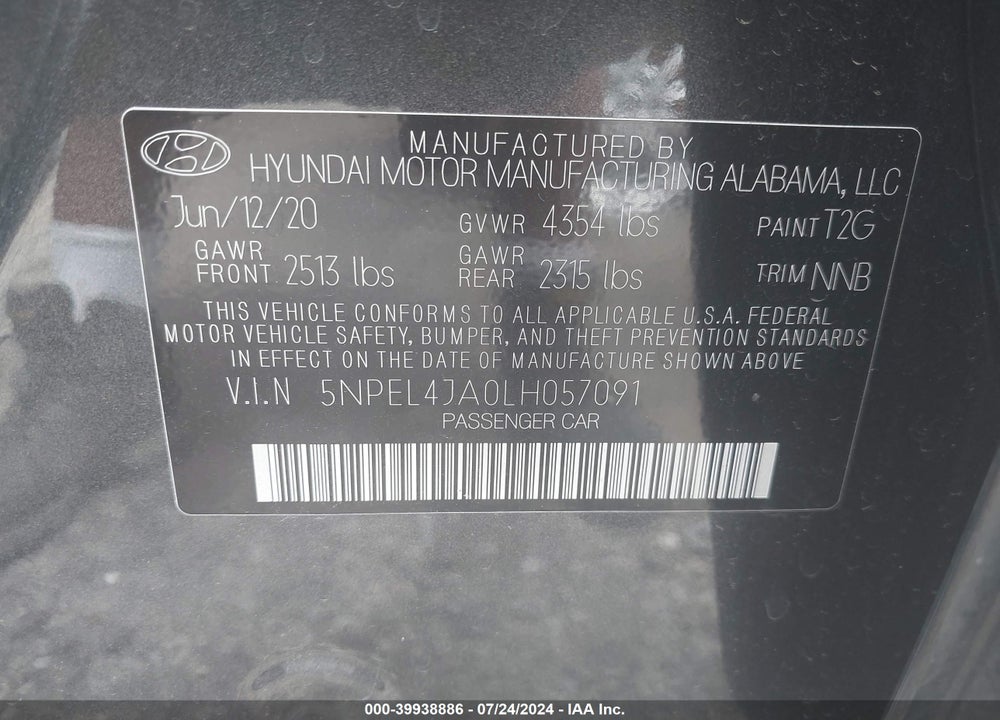 2020 HYUNDAI SONATA SEL VIN: 5NPEL4JA0LH057091