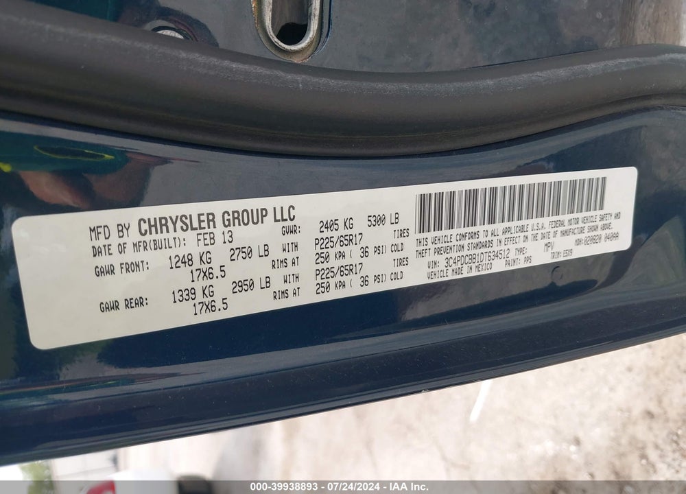 2013 DODGE JOURNEY SXT VIN: 3C4PDCBB1DT634512