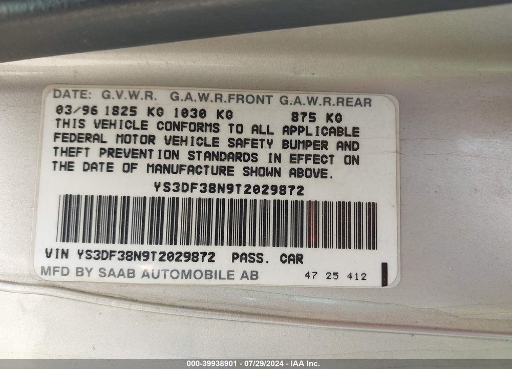 1996 SAAB 900 SE TURBO VIN: YS3DF38N9T2029872