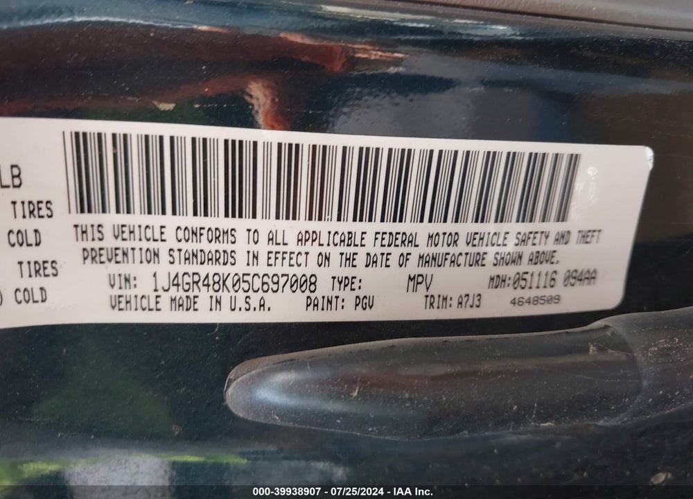 2005 JEEP GRAND CHEROKEE LAREDO VIN: 1J4GR48K05C697008