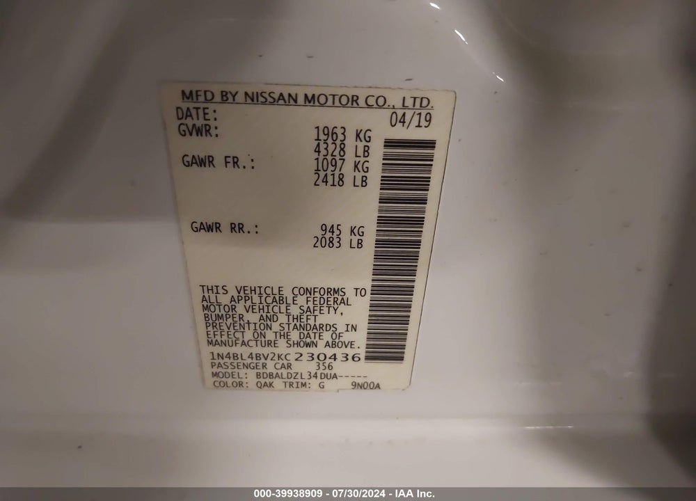 2019 NISSAN ALTIMA 2.5 S VIN: 1N4BL4BV2KC230436