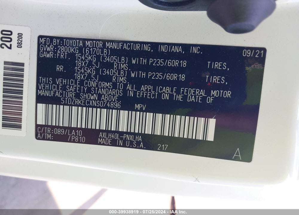 2022 TOYOTA SIENNA LIMITED VIN: 5TDZRKECXNS074896