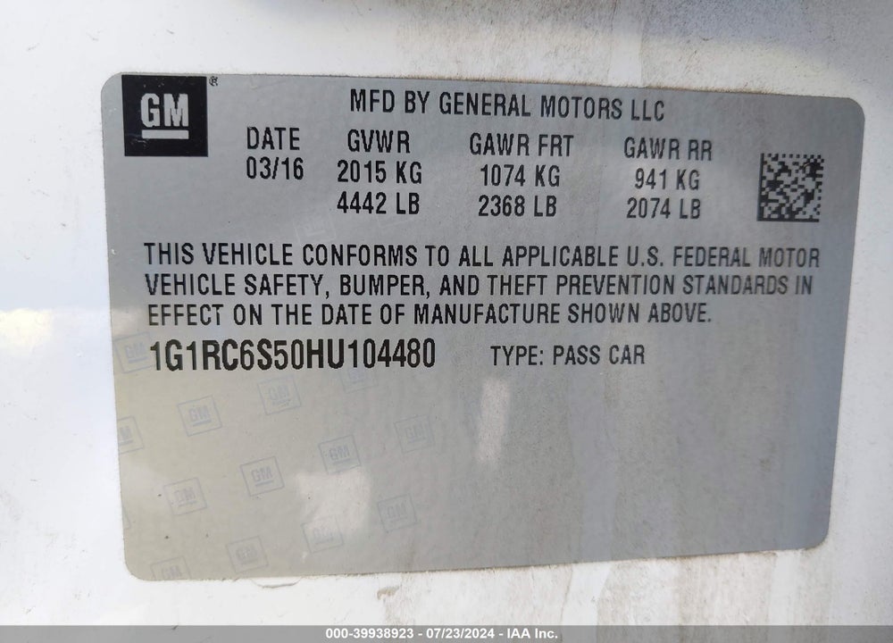 2017 CHEVROLET VOLT LT VIN: 1G1RC6S50HU104480