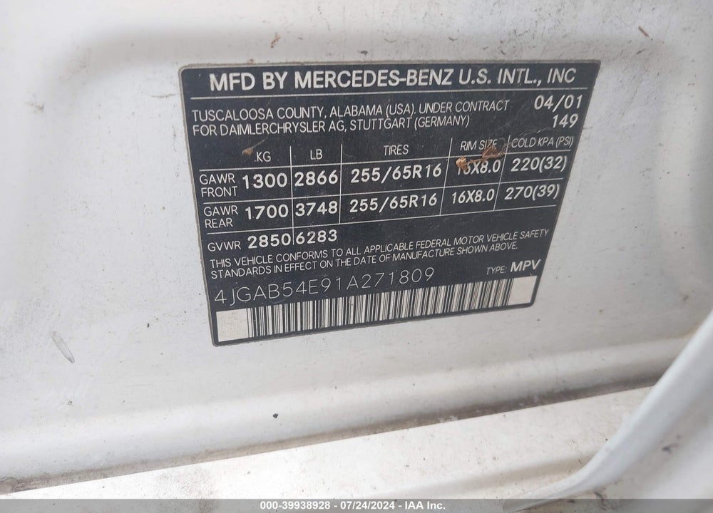 2001 MERCEDES-BENZ ML 320 VIN: 4JGAB54E91A271809