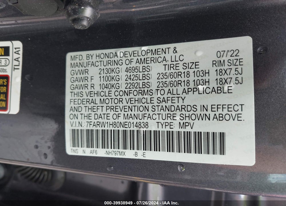 2022 HONDA CR-V 2WD EX-L VIN: 7FARW1H80NE014838