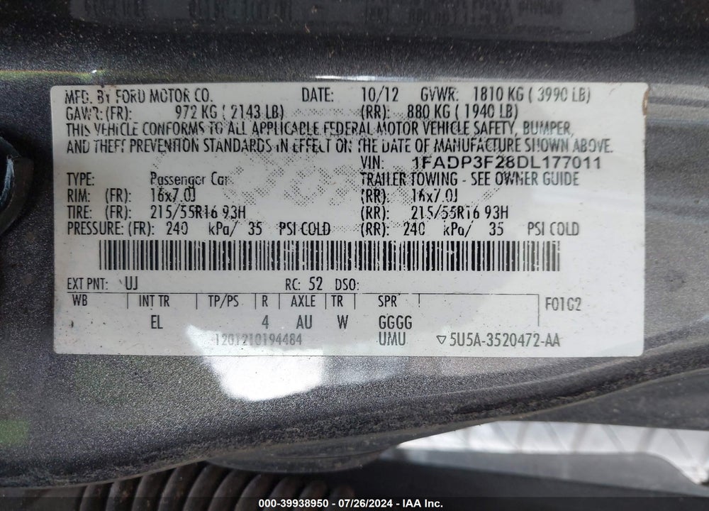 2013 FORD FOCUS SE VIN: 1FADP3F28DL177011