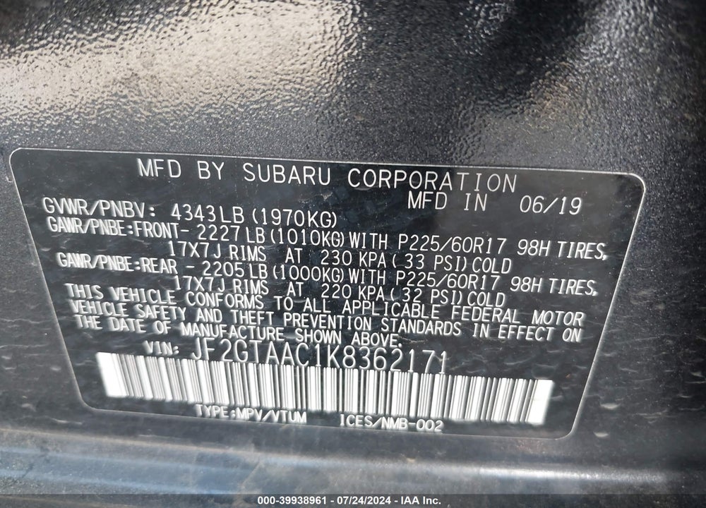 2019 SUBARU CROSSTREK 2.0I VIN: JF2GTAAC1K8362171