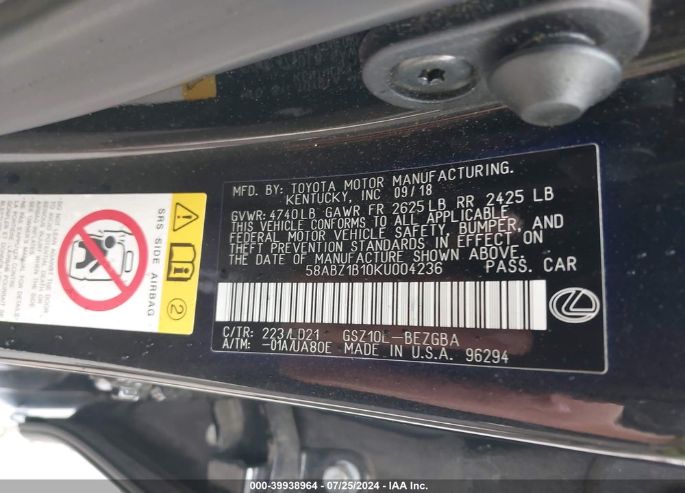 2019 LEXUS ES 350 VIN: 58ABZ1B10KU004236