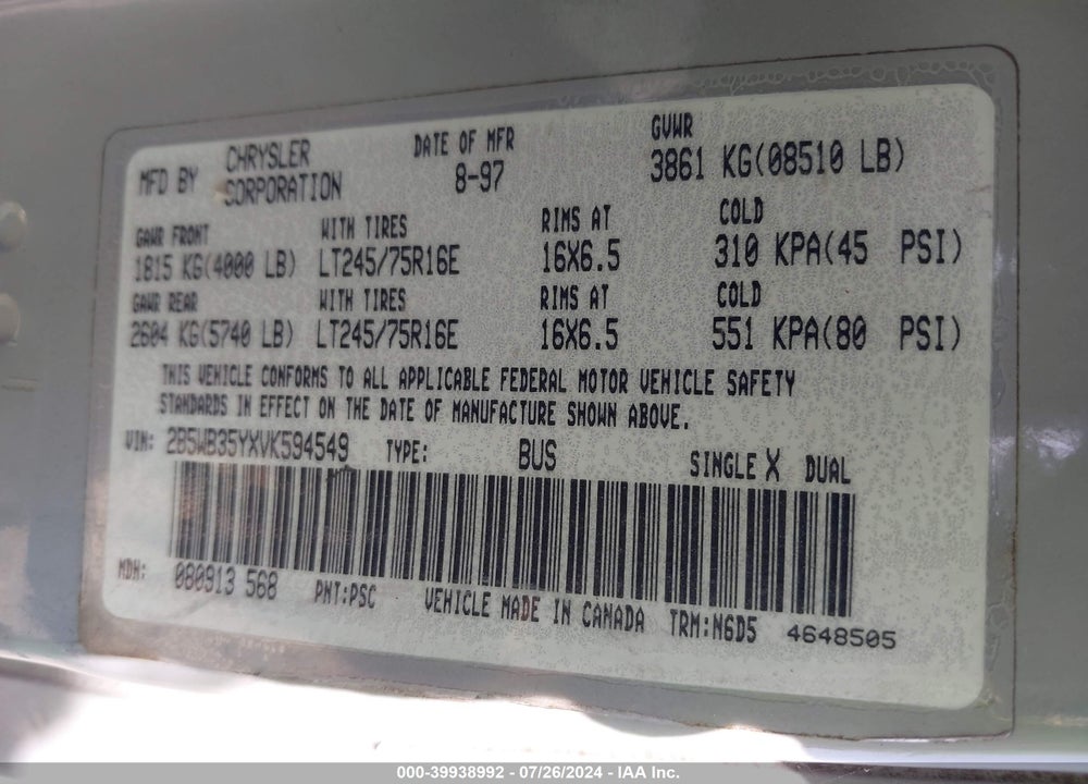 1997 DODGE RAM  3500 VALUE VIN: 2B5WB35YXVK594549