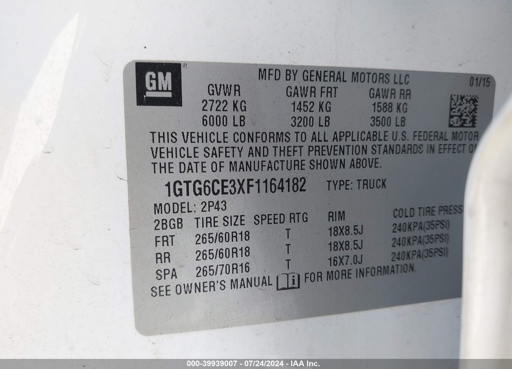 2015 GMC CANYON SLT VIN: 1GTG6CE3XF1164182