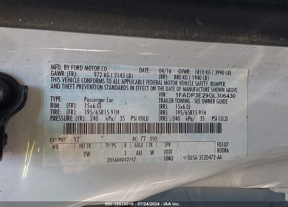 2016 FORD FOCUS S VIN: 1FADP3E29GL306430