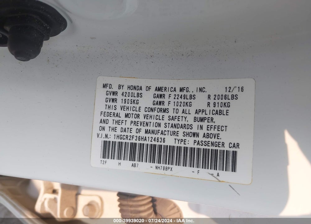 2017 HONDA ACCORD LX VIN: 1HGCR2F36HA124636