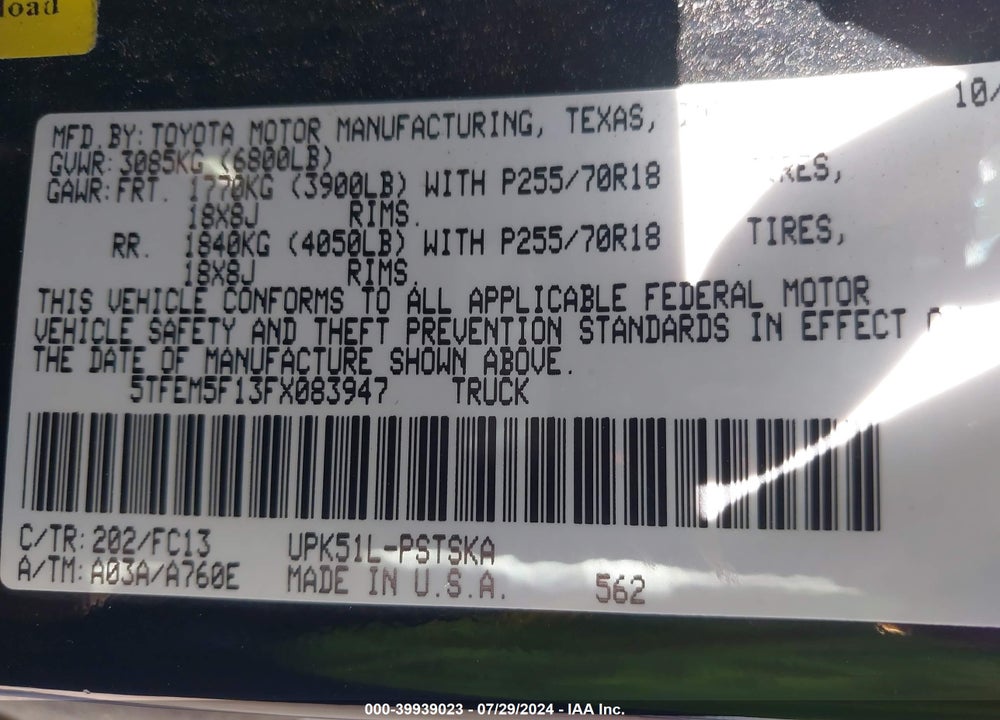 2015 TOYOTA TUNDRA SR5 4.6L V8 VIN: 5TFEM5F13FX083947