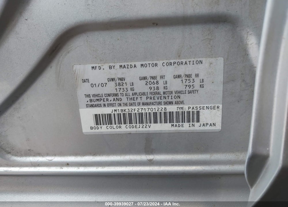 2007 MAZDA 3 I VIN: JM1BK32F271701228