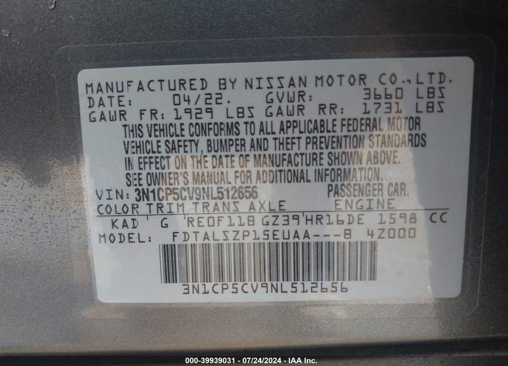 2022 NISSAN KICKS SV XTRONIC CVT VIN: 3N1CP5CV9NL512656