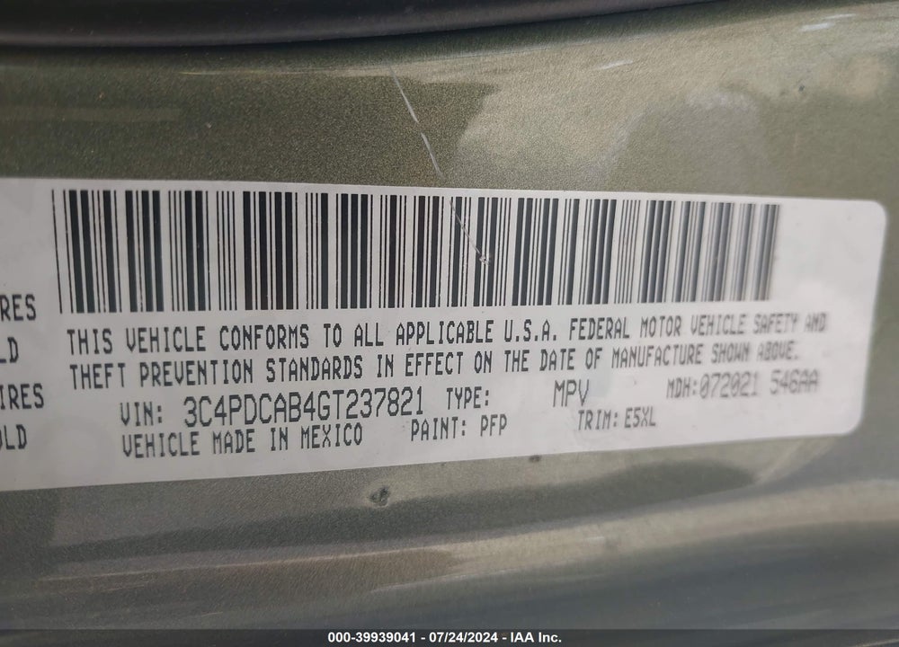 2016 DODGE JOURNEY SE VIN: 3C4PDCAB4GT237821