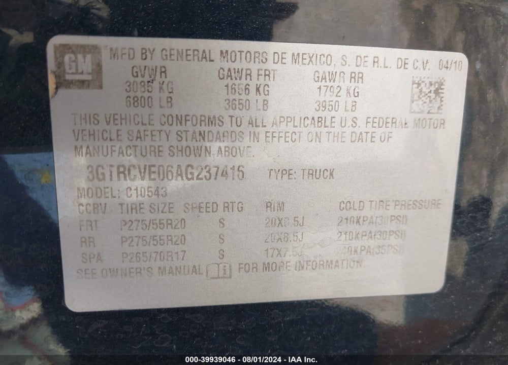 2010 GMC SIERRA 1500 SLE VIN: 3GTRCVE06AG237416