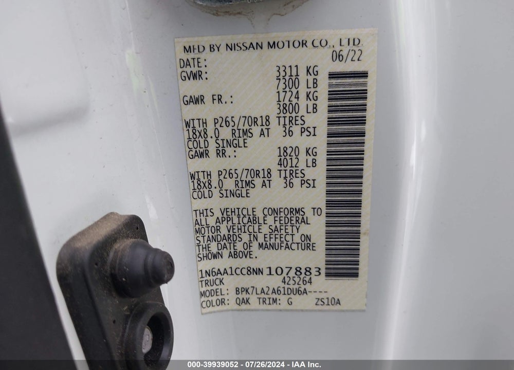 2022 NISSAN TITAN KING CAB S 4X4 VIN: 1N6AA1CC8NN107883