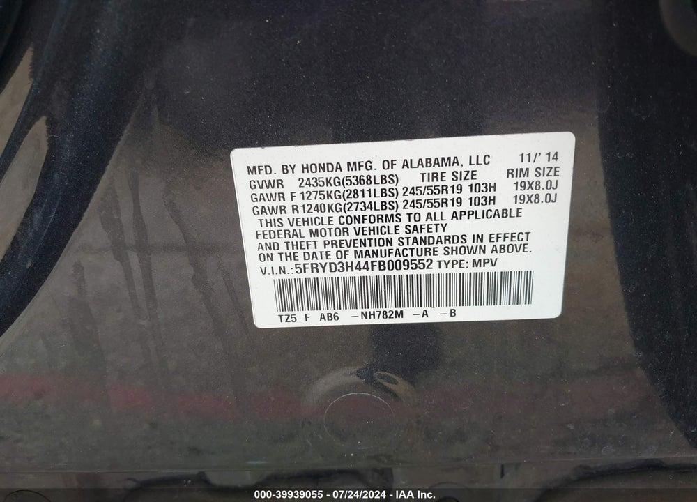 2015 ACURA MDX TECHNOLOGY PACKAGE VIN: 5FRYD3H44FB009552