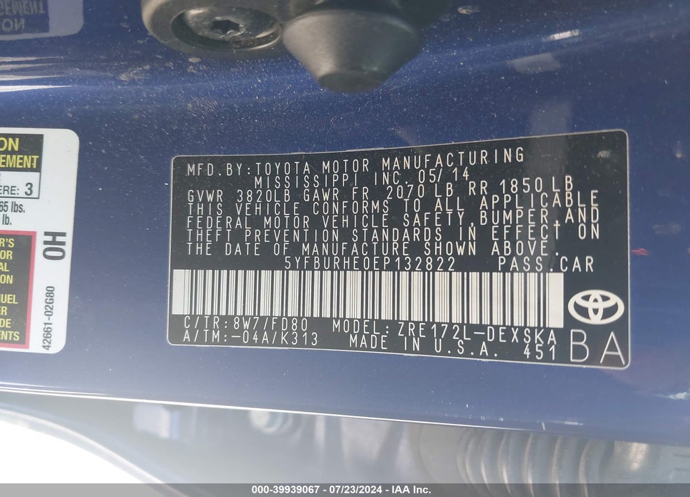 2014 TOYOTA COROLLA S PLUS VIN: 5YFBURHE0EP132822