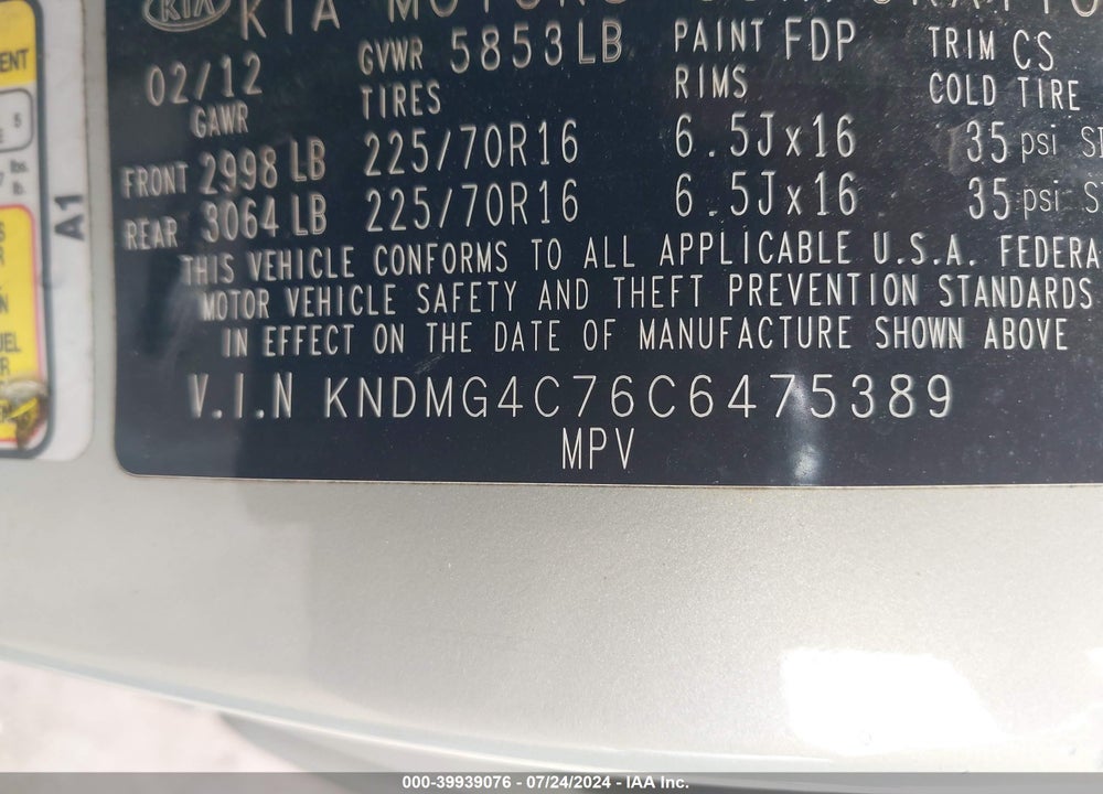 2012 KIA SEDONA LX VIN: KNDMG4C76C6475389