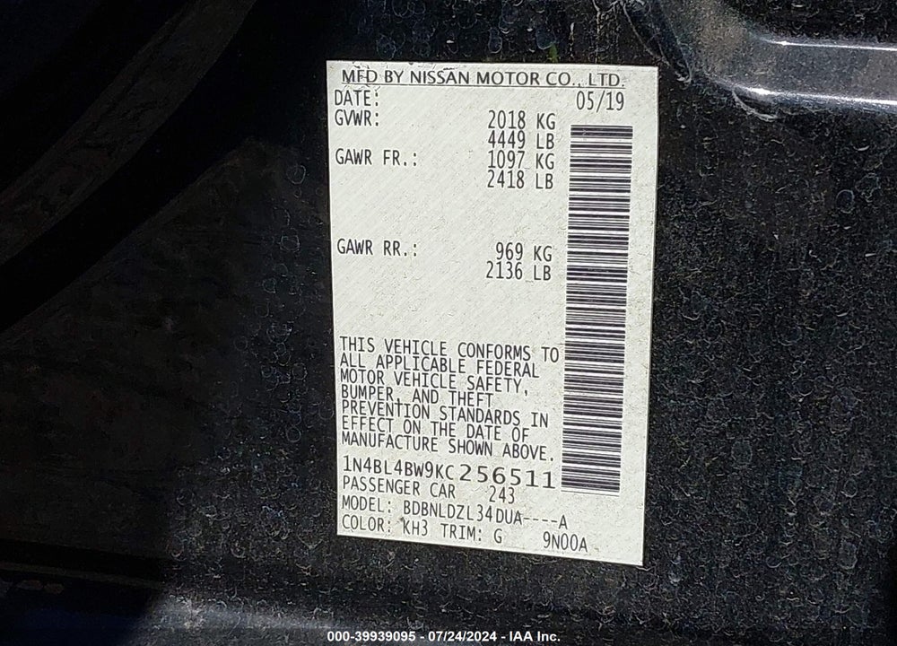 2019 NISSAN ALTIMA 2.5 S VIN: 1N4BL4BW9KC256511