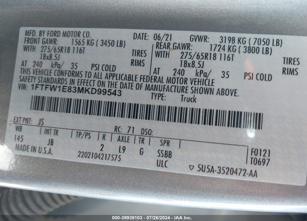 2021 FORD F-150 XL VIN: 1FTFW1E83MKD99543