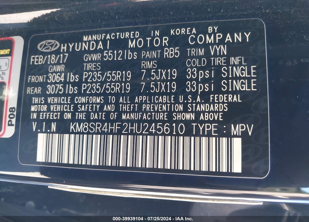 2017 HYUNDAI SANTA FE SE ULTIMATE VIN: KM8SR4HF2HU245610