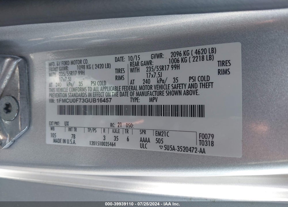 2016 FORD ESCAPE S VIN: 1FMCU0F73GUB16457