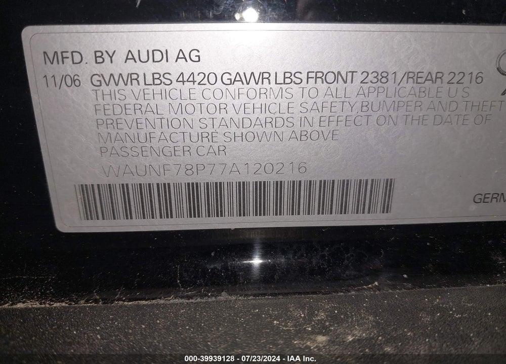 2007 AUDI A3 2.0T VIN: WAUNF78P77A120216