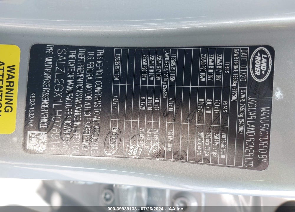 2020 LAND ROVER RANGE ROVER EVOQUE R-DYNAMIC SE VIN: SALZL2GX1LH078914