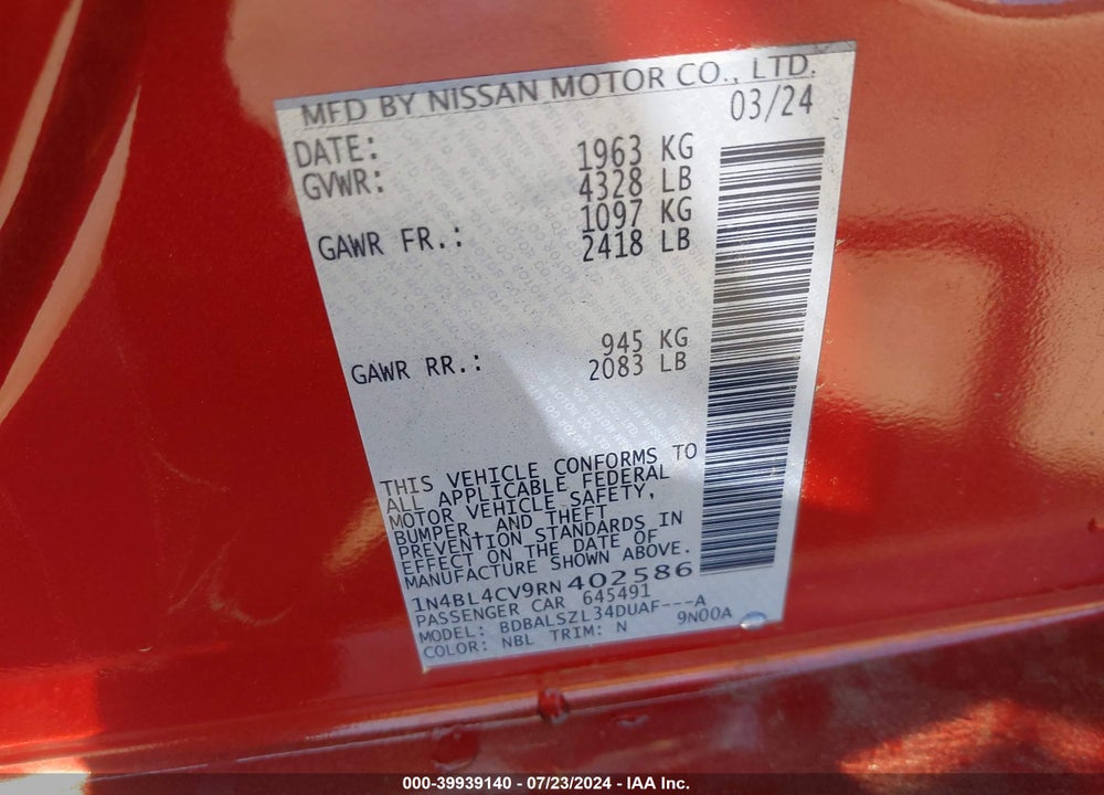2024 NISSAN ALTIMA SR FWD VIN: 1N4BL4CV9RN402586