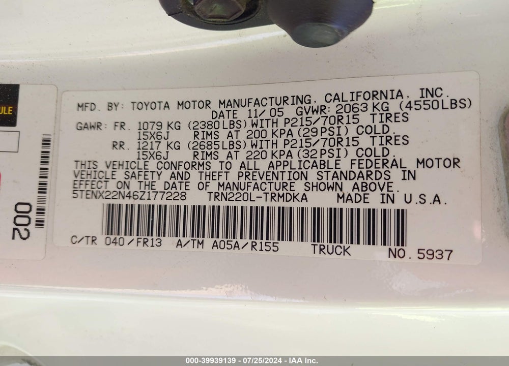 2006 TOYOTA TACOMA VIN: 5TENX22N46Z177228