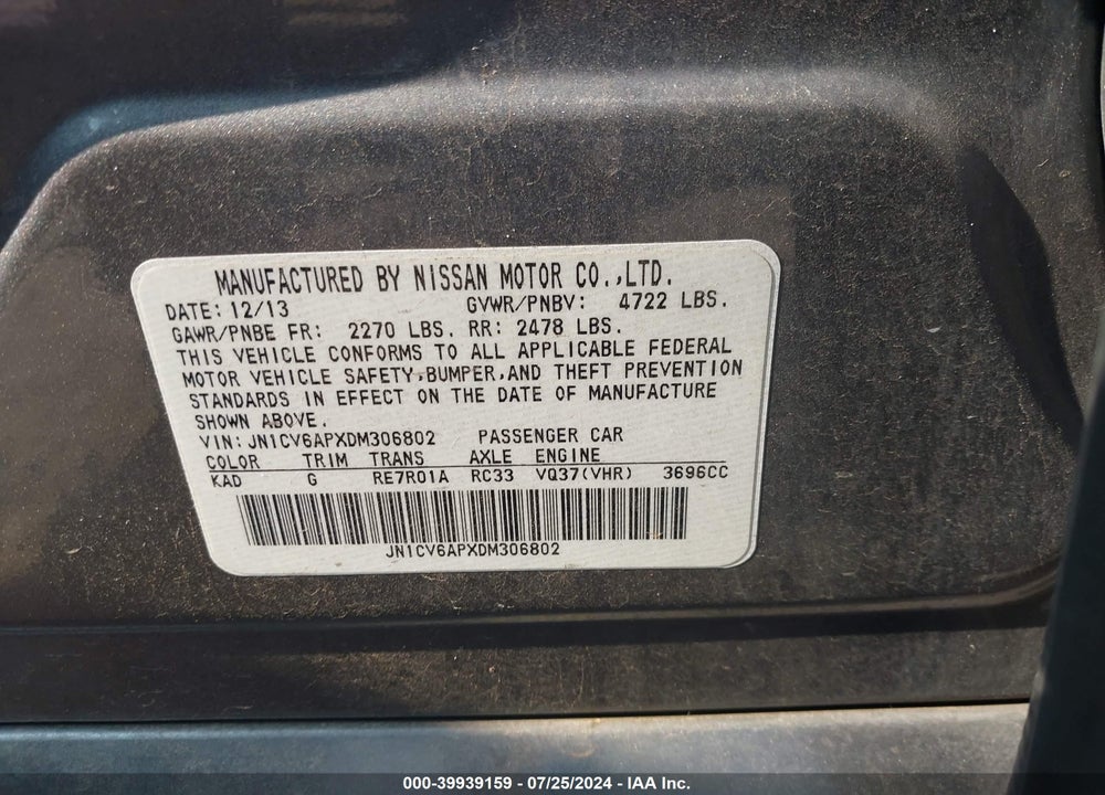 2013 INFINITI G37 JOURNEY VIN: JN1CV6APXDM306802