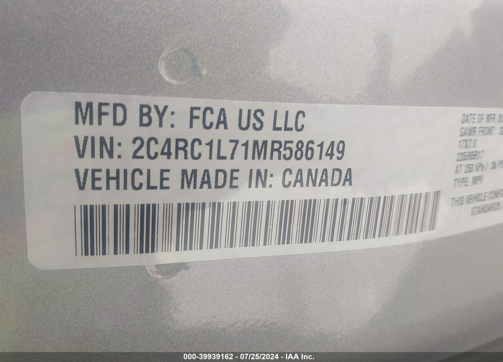 2021 CHRYSLER PACIFICA HYBRID TOURING L VIN: 2C4RC1L71MR586149
