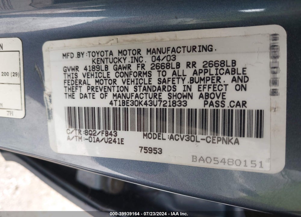 2003 TOYOTA CAMRY LE/XLE/SE VIN: 4T1BE30K43U721833