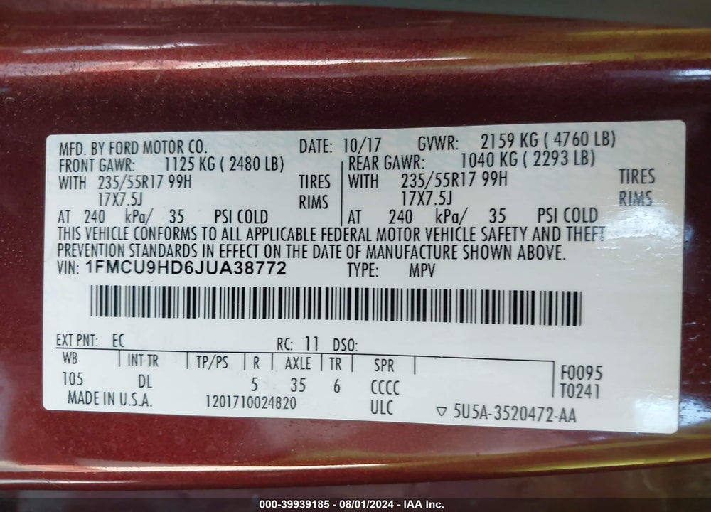 2018 FORD ESCAPE SEL VIN: 1FMCU9HD6JUA38772