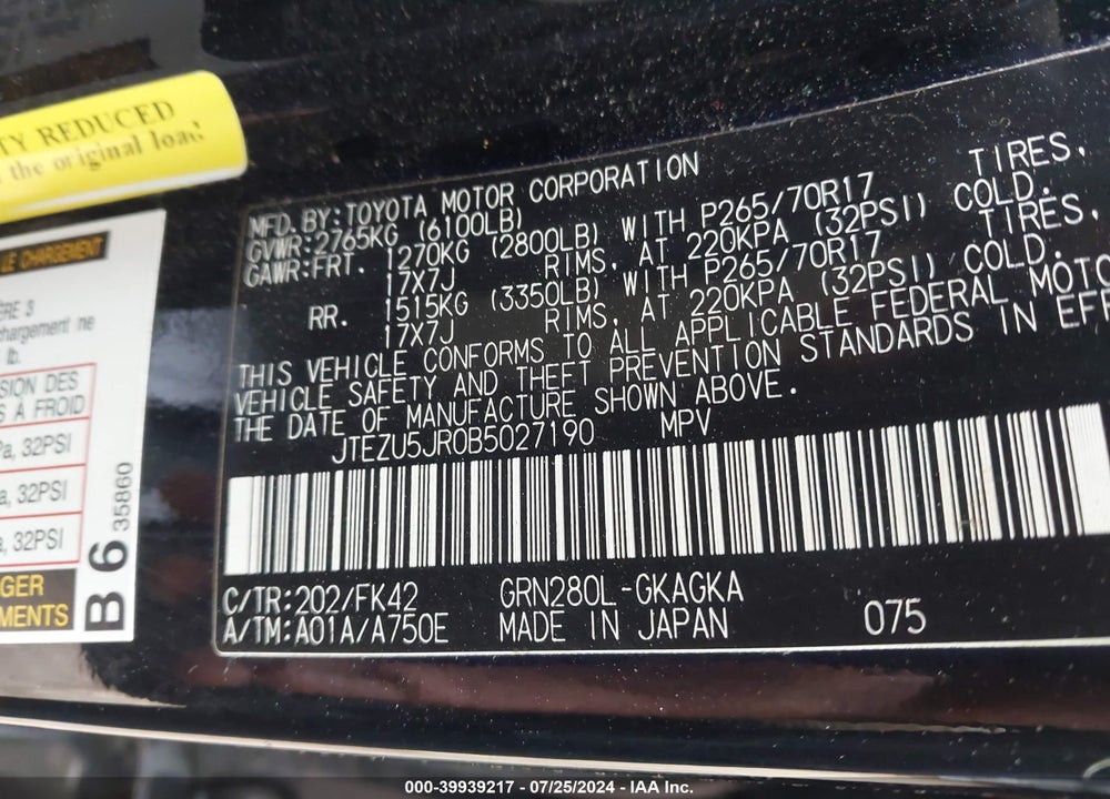 2011 TOYOTA 4RUNNER SR5 V6 VIN: JTEZU5JR0B5027190