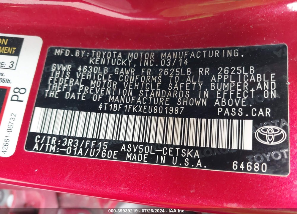 2014 TOYOTA CAMRY SE SPORT VIN: 4T1BF1FKXEU801987