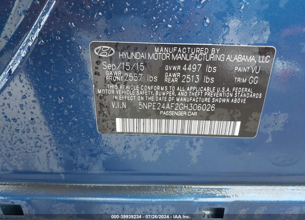 2016 HYUNDAI SONATA SE VIN: 5NPE24AF2GH306026