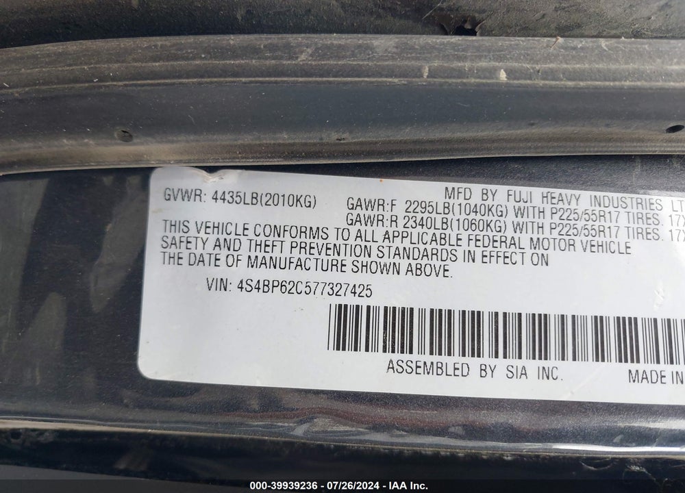 2007 SUBARU OUTBACK 2.5I LIMITED VIN: 4S4BP62C577327425