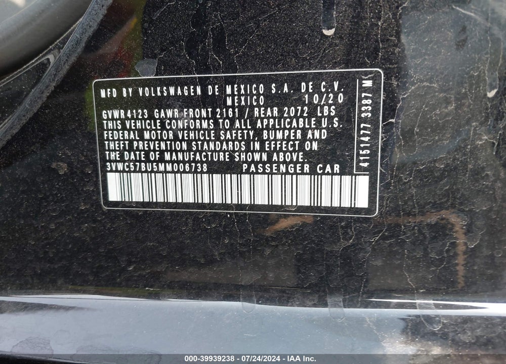 2021 VOLKSWAGEN JETTA 1.4T R-LINE/1.4T S/1.4T SE VIN: 3VWC57BU5MM006738