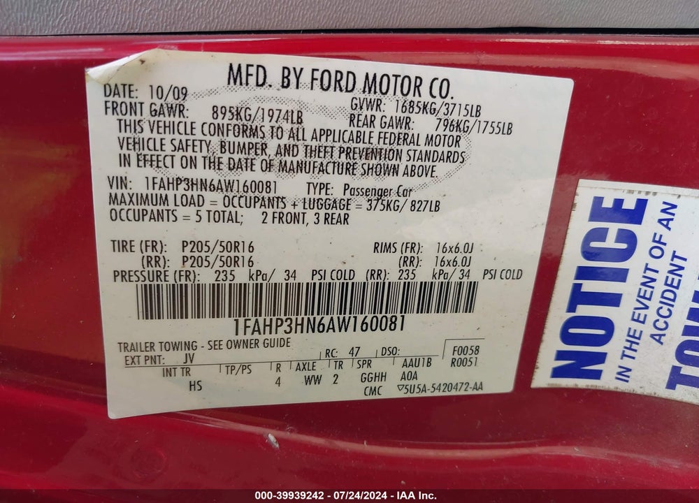 2010 FORD FOCUS SEL VIN: 1FAHP3HN6AW160081