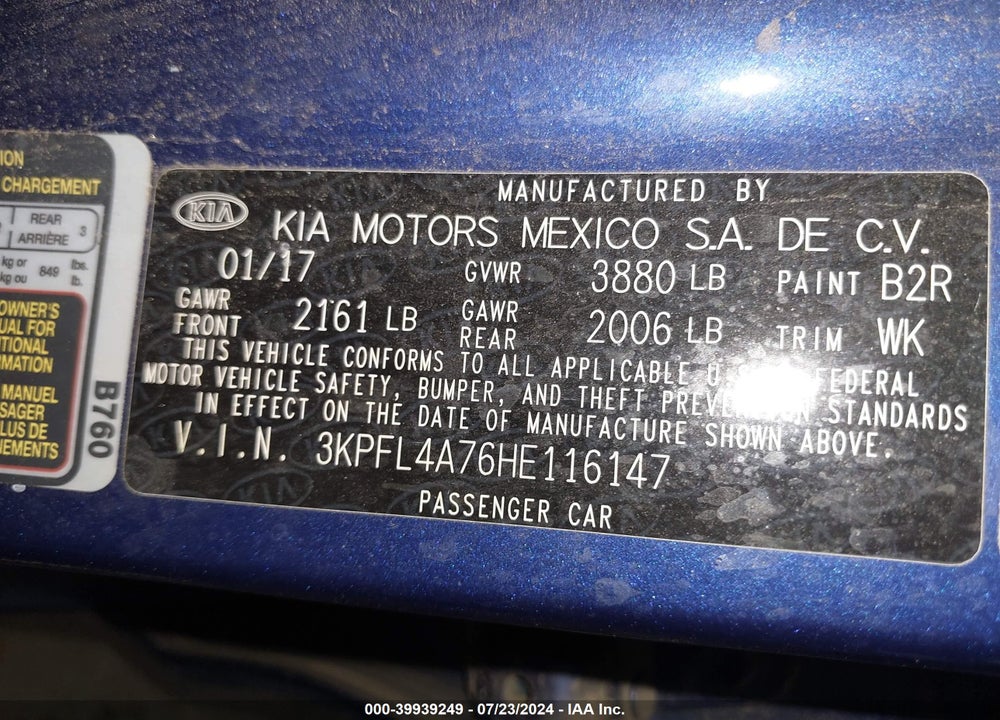 2017 KIA FORTE LX VIN: 3KPFL4A76HE116147