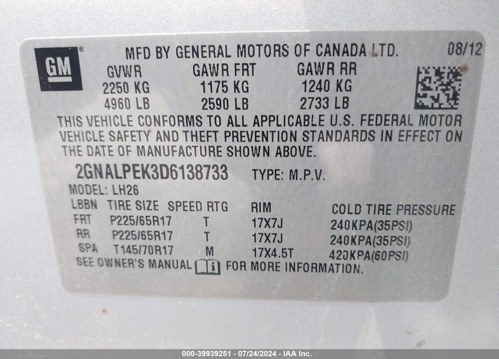 2013 CHEVROLET EQUINOX 2LT VIN: 2GNALPEK3D6138733