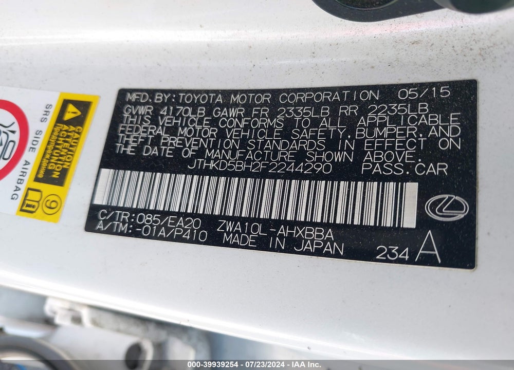 2015 LEXUS CT 200H VIN: JTHKD5BH2F2244290