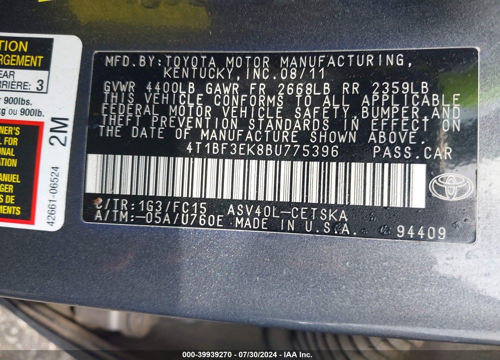 2011 TOYOTA CAMRY SE VIN: 4T1BF3EK8BU775396