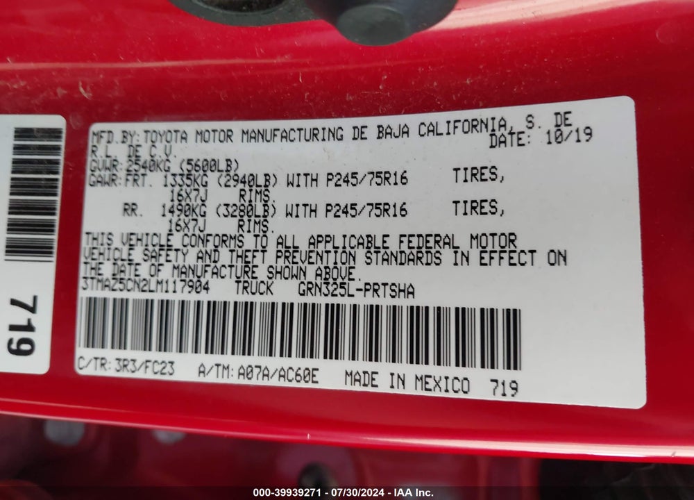 2020 TOYOTA TACOMA SR5 V6 VIN: 3TMAZ5CN2LM117904